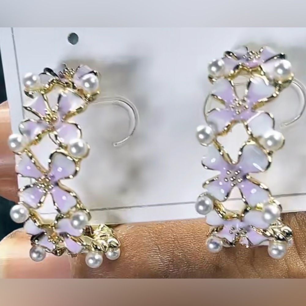Elegant 14K Gold Plated Pearl Floral Hoop Earrings